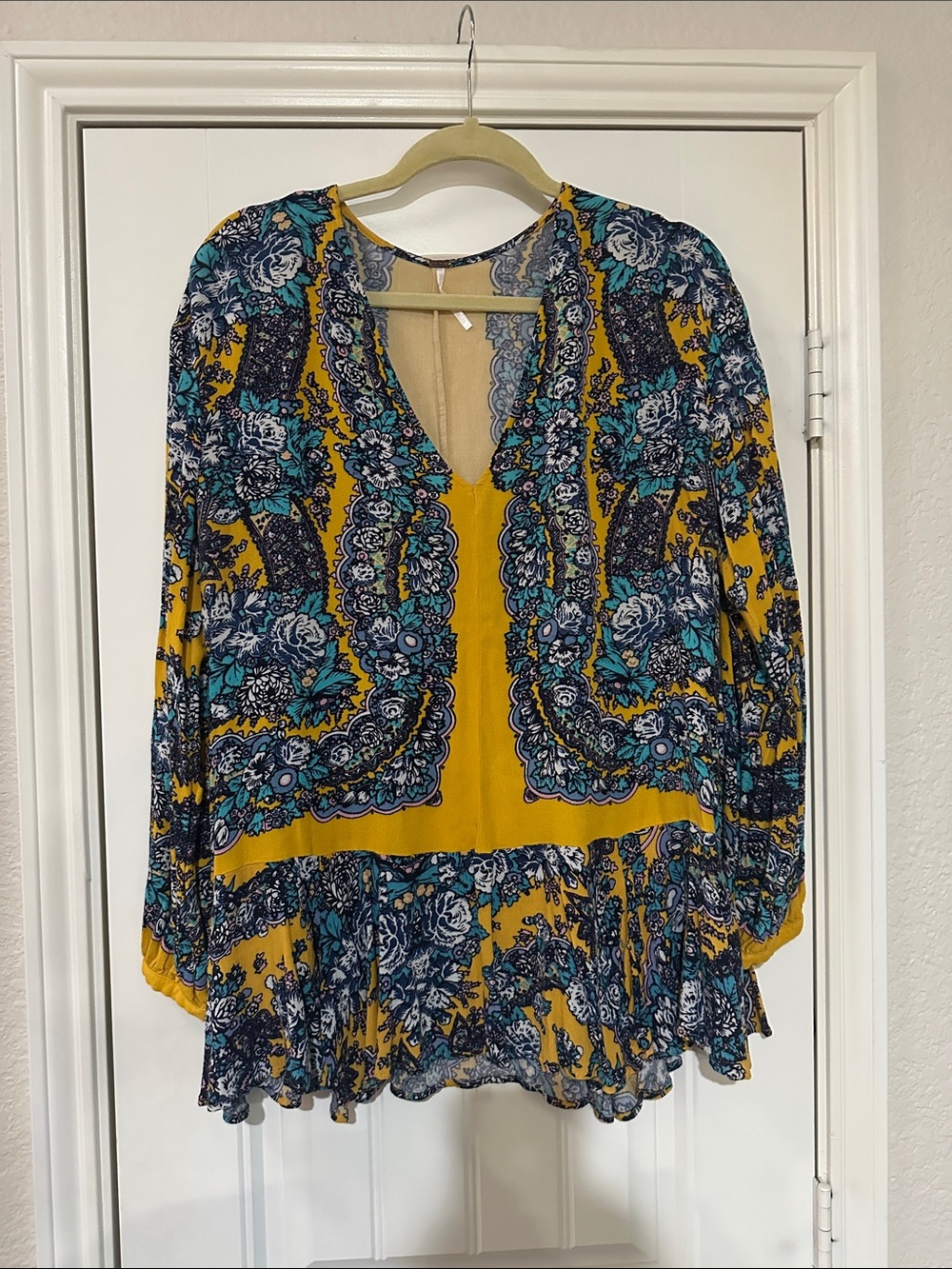 Free People Boho Floral V-Neck Women's Top - Mustard Blue